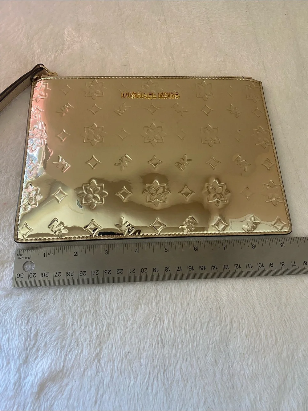 Michael Kors Gold Embossed, Mirror-Metallic Patent Wristlet Clutch XLarge